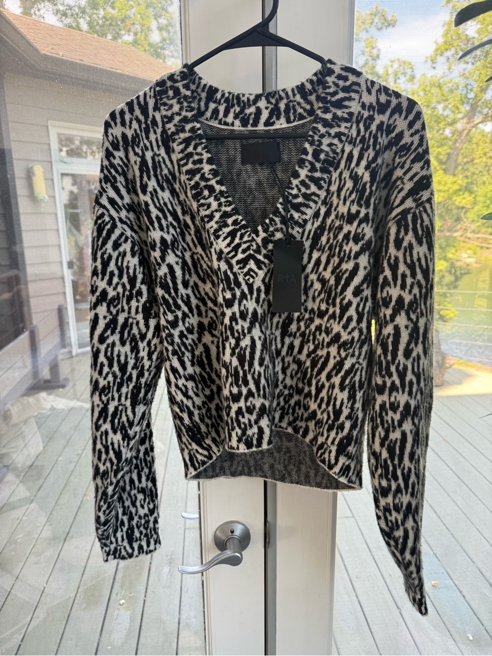 RTA Women's Black & Cream Leopard V-Neck Sweater, size small, new with tags
